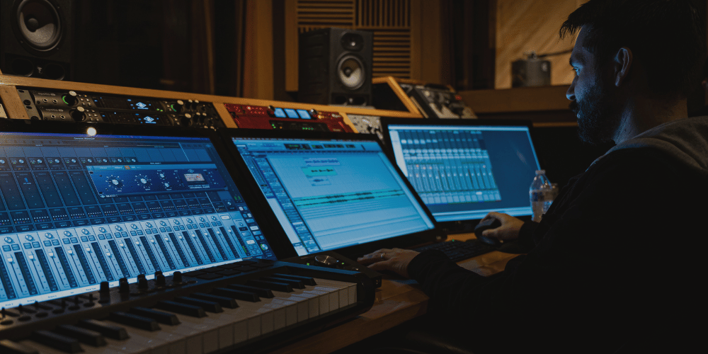 a producer mastering music in home studio banner image